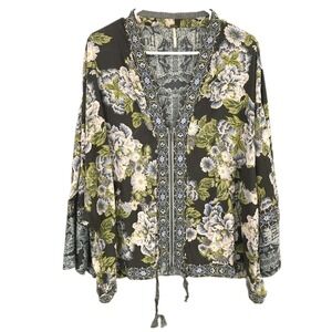 Free People Kimono Jacket Women M/L Black Floral Print Zip Boho Waist Tie